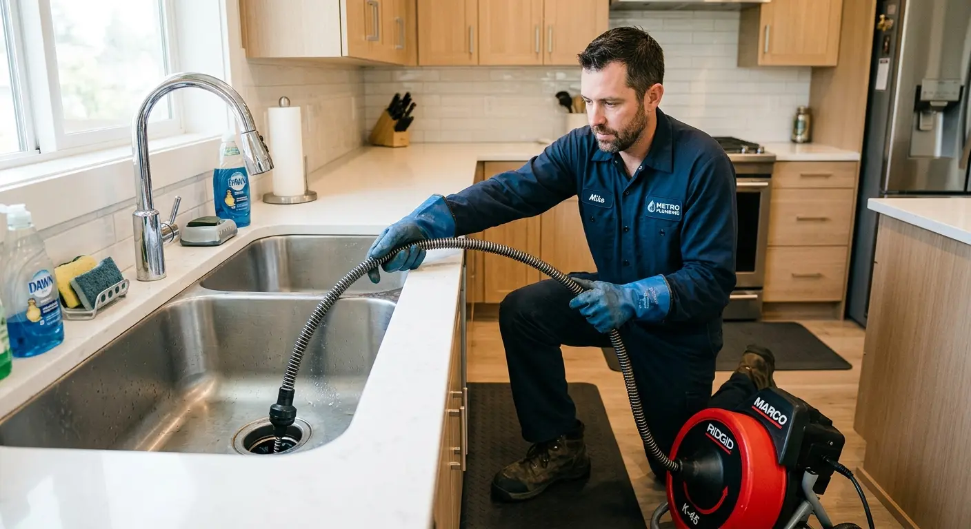 Drain cleaning technician using a motorized snake on a kitchen sink in Bainbridge