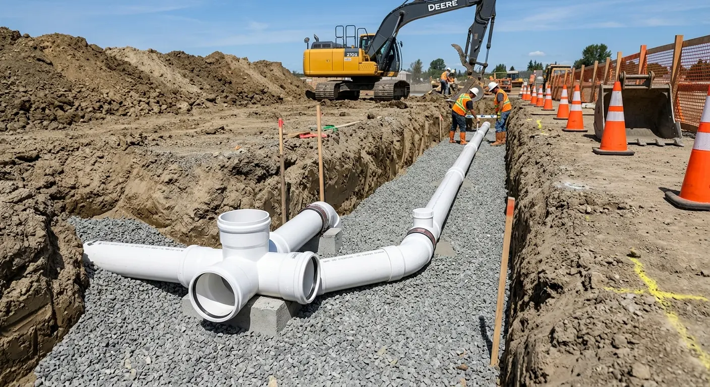 New PVC sewer pipe installation in open trench for Sewer Backup in Bainbridge
