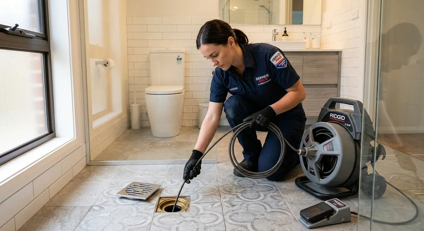 Technician clearing a bathroom floor drain for Drain Cleaning in Bainbridge